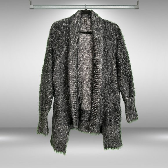 Express black/white fuzzy eyelash open front super soft cardigan sweater. - Picture 1 of 5